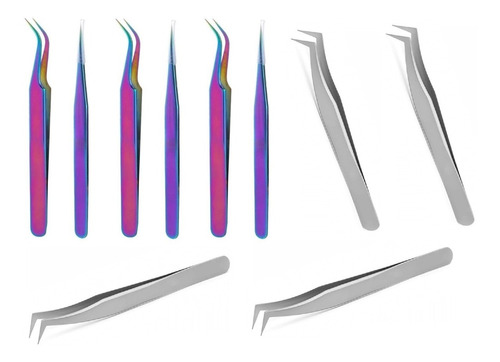 10 Pinzas Pestañas Volumen Ruso L Recta Y Curva Acero