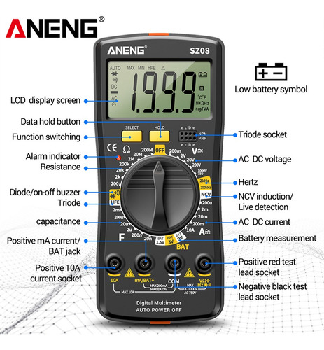 Aneng Sz08 Lcd Diodo Ncv Tester 2000 Cuenta Dividido D