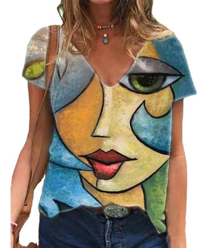 Women's V Print Loose Vintage Short Sleeve Shirt