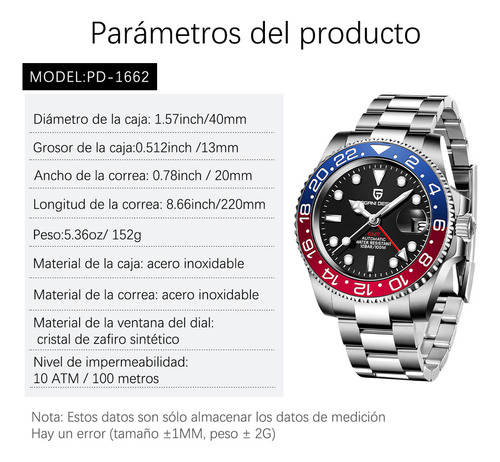 Reloj Pagani Design Pd-1662 Gmt Masculino Plateado Silvery Blue/red Negro