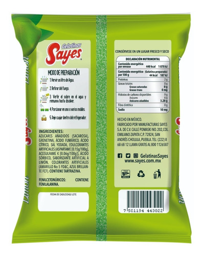 Imagen 3 de 3 de Gelatina En Polvo Sayes De Agua Sabor Limon 120gr