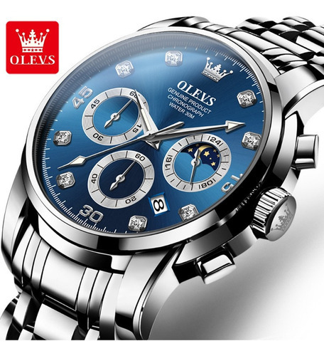Relógios De Quartzo Olevs Luminous Luxury Moon Phase Cor Do Fundo Prateado/azul