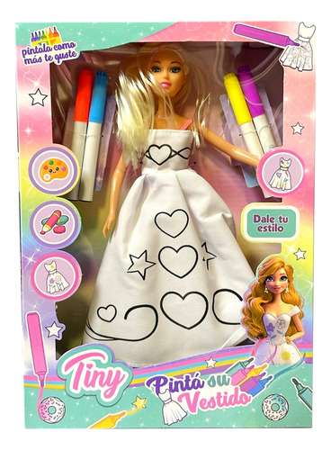 Muñeca Infantil Tiny Pinta Tu Vestido Accesorios Estilo Sb