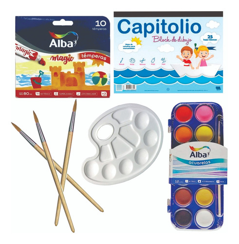 Kit Dibujo 49 Articulos Alba Temperas Acuarelas Pincel Block