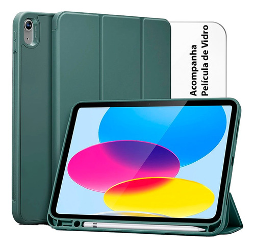 Capa Smart Cover Case P/ iPad 10 Ger. 10.9 10,9 + Película Cor Verde Militar (c/ Suporte Para Caneta)