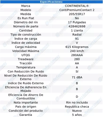 Llanta 205/55 R16 CONTINENTAL CONTIPREMIUMCONTACT 2 91V