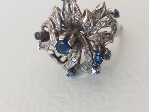 Anillo Plata Paladio Zafiros Y Diamantitos, Plateado (Usado)