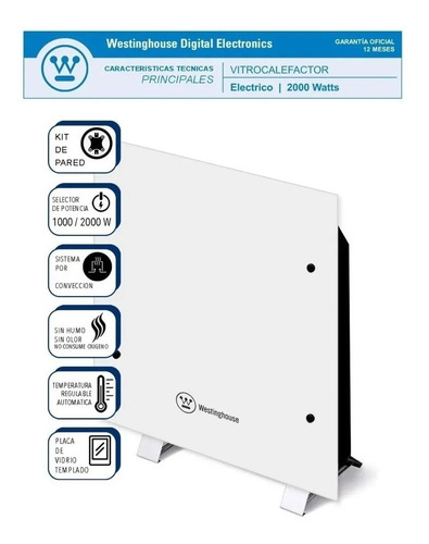 Imagen 3 de 7 de Vitroconvector 2000w Westinghouse Calefactor De Piso O Pared