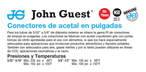 1 X John Guest Genuino Codo Espiga 1/2 Para Aire Y Agua