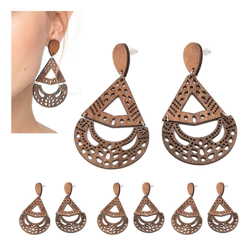 Pack 6 Pares Aros Mujer Aros Grandes Aretes Madera Colgantes