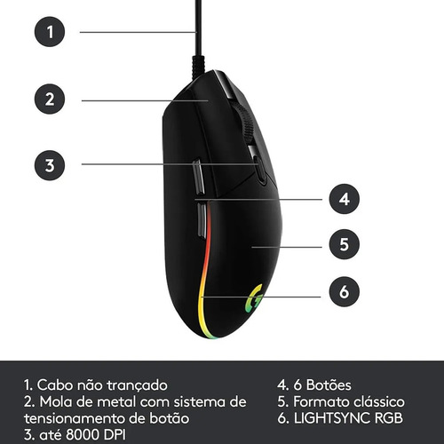 Mouse Gamer Logitech Óptico G203 Lightsync, Alámbrico, Usb