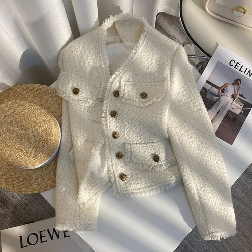 Top Corto Con Cuello En V Para Mujer, Chaqueta De Tweed