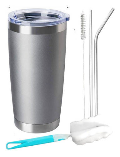 Vaso Termico 20oz Acero Inoxidable Con Tapa Y Popote Plateado Lisa