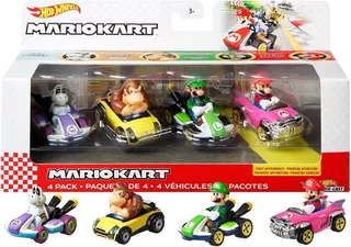 Hot Wheels Mario Kart Paquete De 4 Nintendo Pack Die Cast Color Verde, Morado, Amarillo Y Rosa
