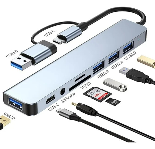 Hub 8 En 2 Usb A Y C Con Usb, Tf/sd, Aux, Usbc