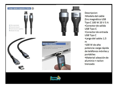 Cable Usb Tipo C A Tipo C 100w Pd Magnético Quick Charge 5a