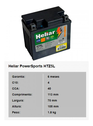 Imagem 3 de 4 de Bateria De Moto Heliar Htz5l 12v 4ah Cg125/150 Biz/100/125/