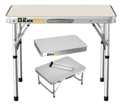 Mesa Dobrável Praia Camping Alumínio 60x45cm Vira Maleta Cor Branco e Prateado The Black Tools