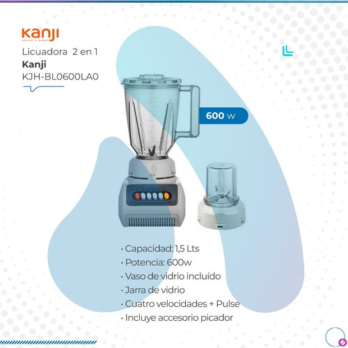 Imagen 2 de 8 de Licuadora Kanji Kjh-bl0600la01 1.5 L Blanca Jarra De Vidrio