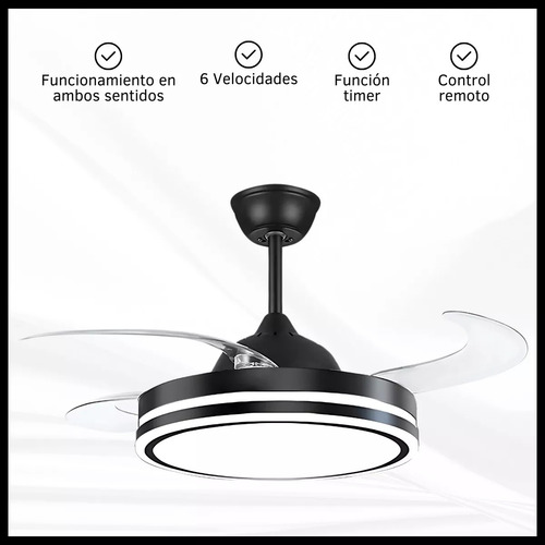 Ventilador Retráctil De Techo 4 Aspas Plásticas Transparentes Control Remoto Luz Cálida Fría Color Negro