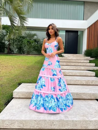Vestido de store cetim longo estampado