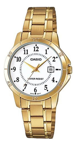 Reloj Casio Ltpv004 Mujer Acero Inoxidable Fechador Fondo Blanco LTP-V004G-7B