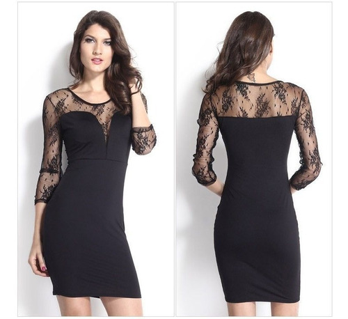 Sexy Vestido Negro Con Mangas De Encaje Fiesta Antro 21501