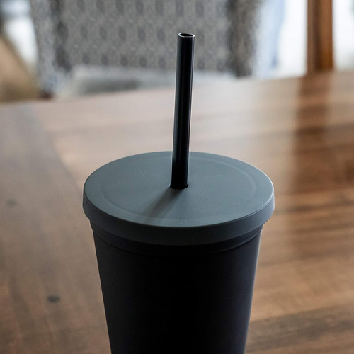 Vasos De Plastico De 473 Ml Con Popote Y Tapa Negro 12 Pzas
