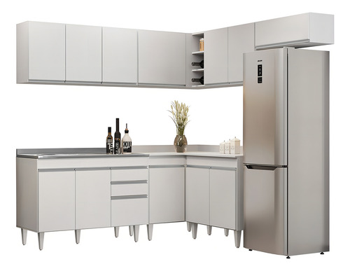 Armário Cozinha De Canto Lumil Móveis 7 Peças CP21 com pia inox cor branco