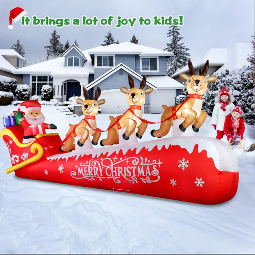 Papá Noel Inflable De Navidad 3 Renos 3.66 Metros Luces Led