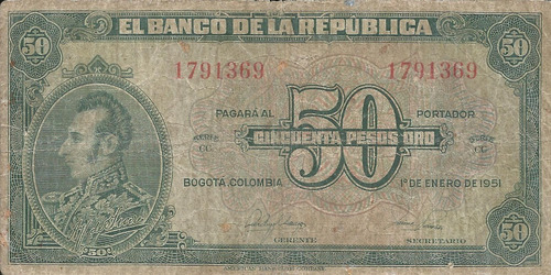 Colombia 50 Pesos Oro 1 Enero 1951 (7 Dígitos)
