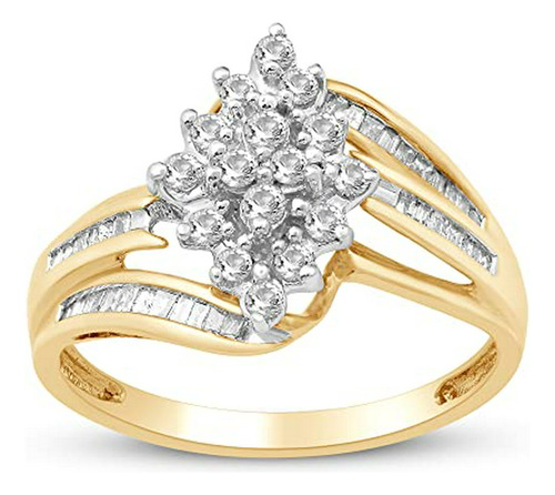 10kt Jewelili Anillo Amarillo Del Diamante Del Oro Cluster (