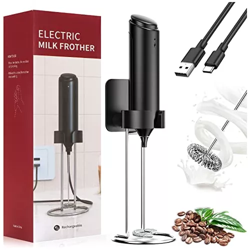 Milk Frother Handheld, Frother with Wireless Charging Base, USB C Rechargeable  Milk Frother, Kitchen Gift Mini Frother with Stand, Electric Milk Frother  for Coffee Cappuccino Frappe Matcha-Black 