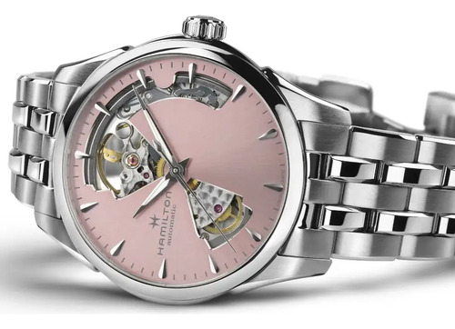 Reloj Hamilton Jazzmaster Open Heart Lady Auto H32215170 Correa Plateado Bisel Plateado Fondo Rosa