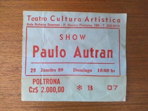 Ingresso Paulo Autran Teatro Cultura Artística 1989 Raro