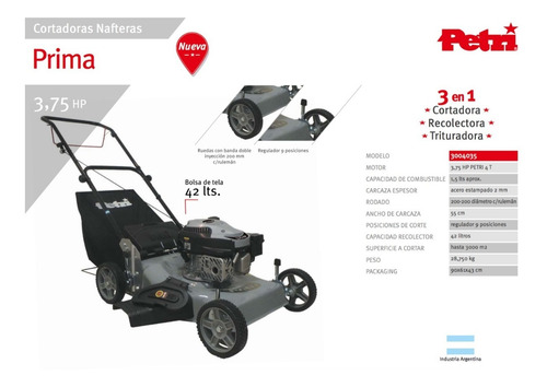 Imagen 2 de 7 de Cortadora De Cesped Petri 3.75 Hp 3 En 1 Naftera - Oferta
