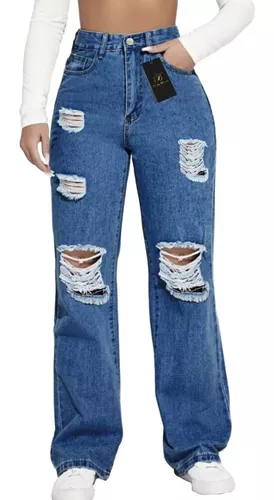Calça Feminina Jeans Cintura Alta Rasgado Azul - Compre Agora