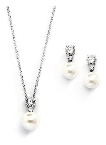 Mariell Cubic Zirconia Y Ivory Pearl Collar De Bodas Y Arete