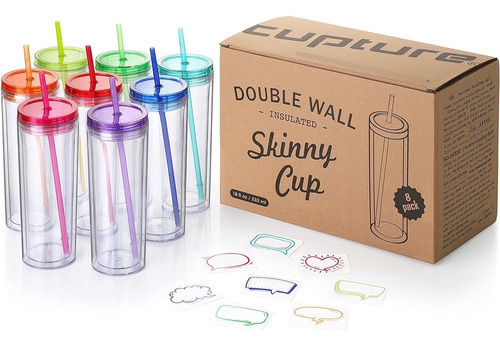 Cupture Skinny Acrylic Tumbler Cups With Straws - 18 Oz, 8 P