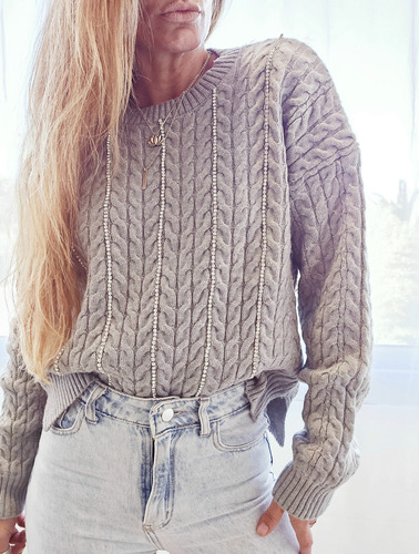 Sweater Tejido Grueso Suelto Con Brillos Strass Romantico