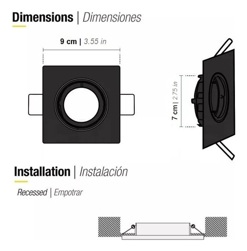 Foco Aro Móvil Embutido Cuadrado Aluminio Negro Porta Ampolleta Dicroica Gu10 Mr16 Bipin Demasled