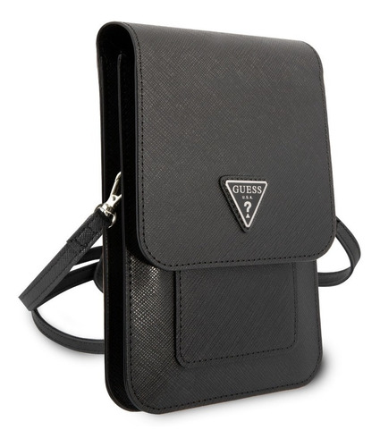 Urban Bolso Wallet Saffiano Negro Logo Triangulo Guess Acabado de los herrajes Metal Diseño de la tela Diseño Triangulo