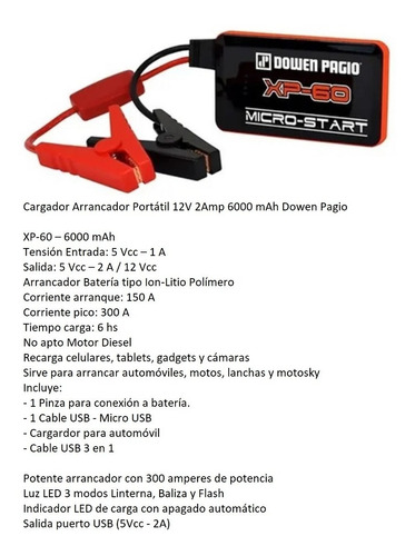 Imagen 2 de 4 de Cargador Arrancador 2 Amp 12 V Xp-60 Dowen Pagio 9991026