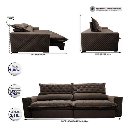 Sofá Retrátil Reclinável 2,15 Pocket Cama Inbox Spazus Suede Cor Café