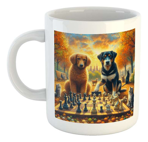 Taza Ceramica Perro Ajedrez Jugando En El Parque Arte