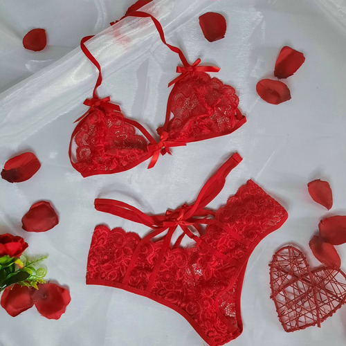 Set De Lencería Rojo Con Moños  Besame Mucho 