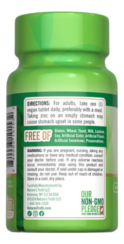 Nature's Truth Suplemento de Gluconato de Zinc Pote con 100 tabletas 50 mg por cada tableta para 3 meses Sabor Neutro