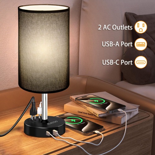 Lámpara De Mesa Negra Con Puertos De Carga Usb A C Y Salida