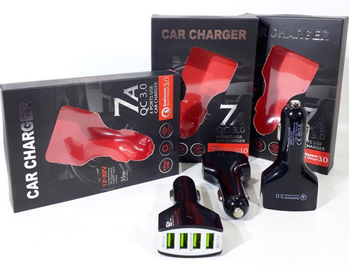 Cargador Auto 12v 4 Puertos Usb Celular Android Ios Color Negro