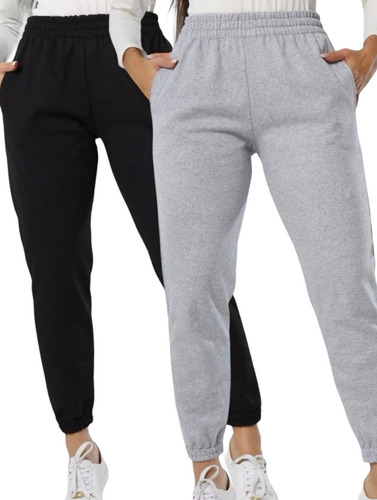 Kit 2 Moletom Flanelado Calça Feminina Modelo Liso Jogger